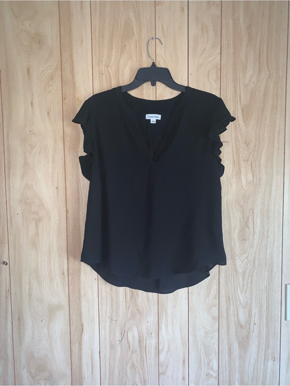 Calvin Klein Black Ruffle Cap-Sleeve V-Neck Top